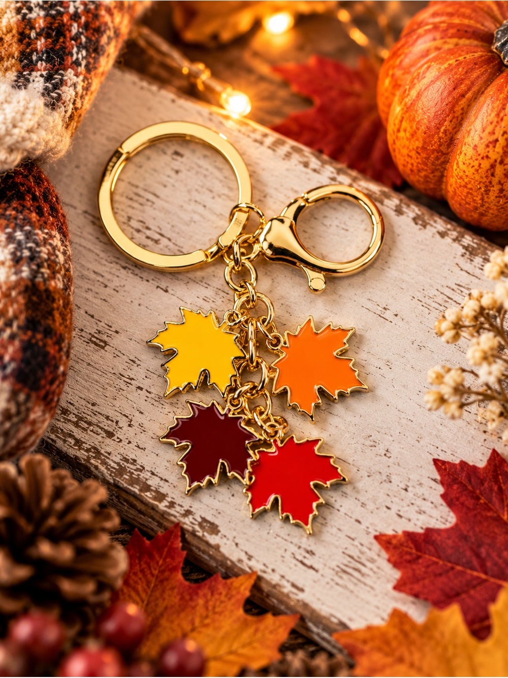 Fall Maple Leaf Keychain Bag Charm Red Orange Yellow Brown Gold Tone New